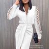 Dames Lange Mouwen V-hals Kantinzet Tailleband Split Midi Jurk Elegante Kantoor Werkkleding