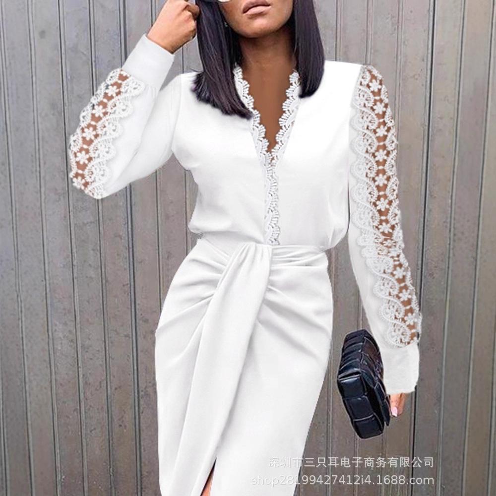 Dames Lange Mouwen V-hals Kantinzet Tailleband Split Midi Jurk Elegante Kantoor Werkkleding