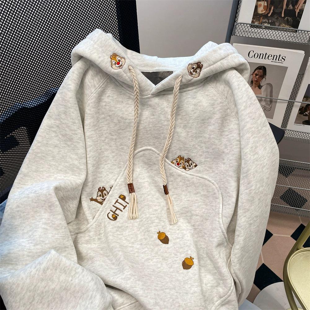 Japanisches Chic Besticktes Kapuzensweatshirt - Damen Herbst/Winter Plus Samt Lässige Oberbekleidung