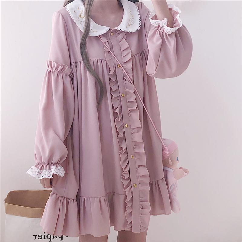 Frühling Herbst Kleid Frauen Harajuku Rosa Damen Rüschen Spitze Patch Kawaii Kleider Lolita Cosplay Süße Lose Vestidos