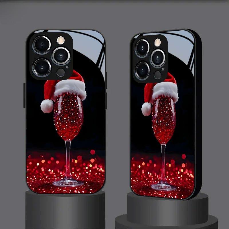 Christmas hat red wine glass patterned tempered glass phone case suitable for iPhone 17 16 15 14 13 12 11Pro/Max/Plus shockproof