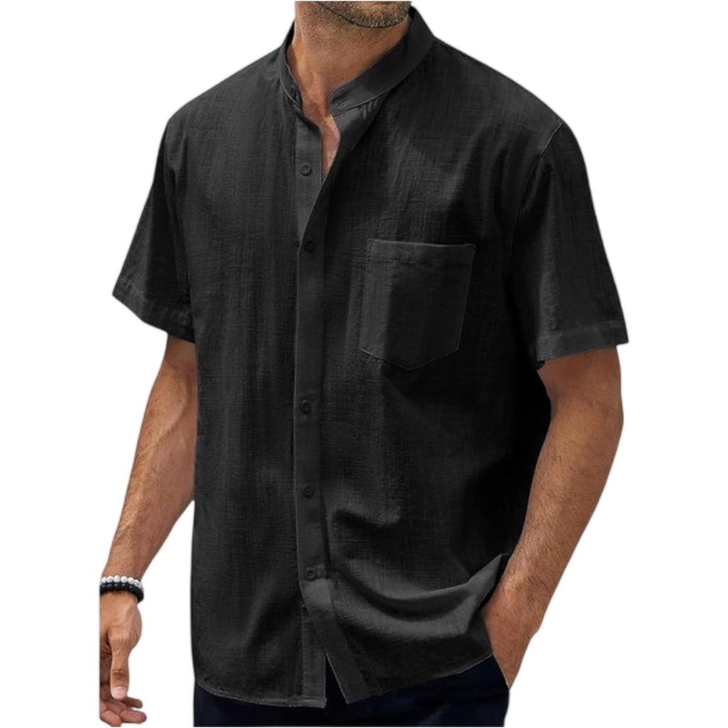 Men's Casual -color Cotton Blended Shirt, Men's Lapel Short-sleeved Top