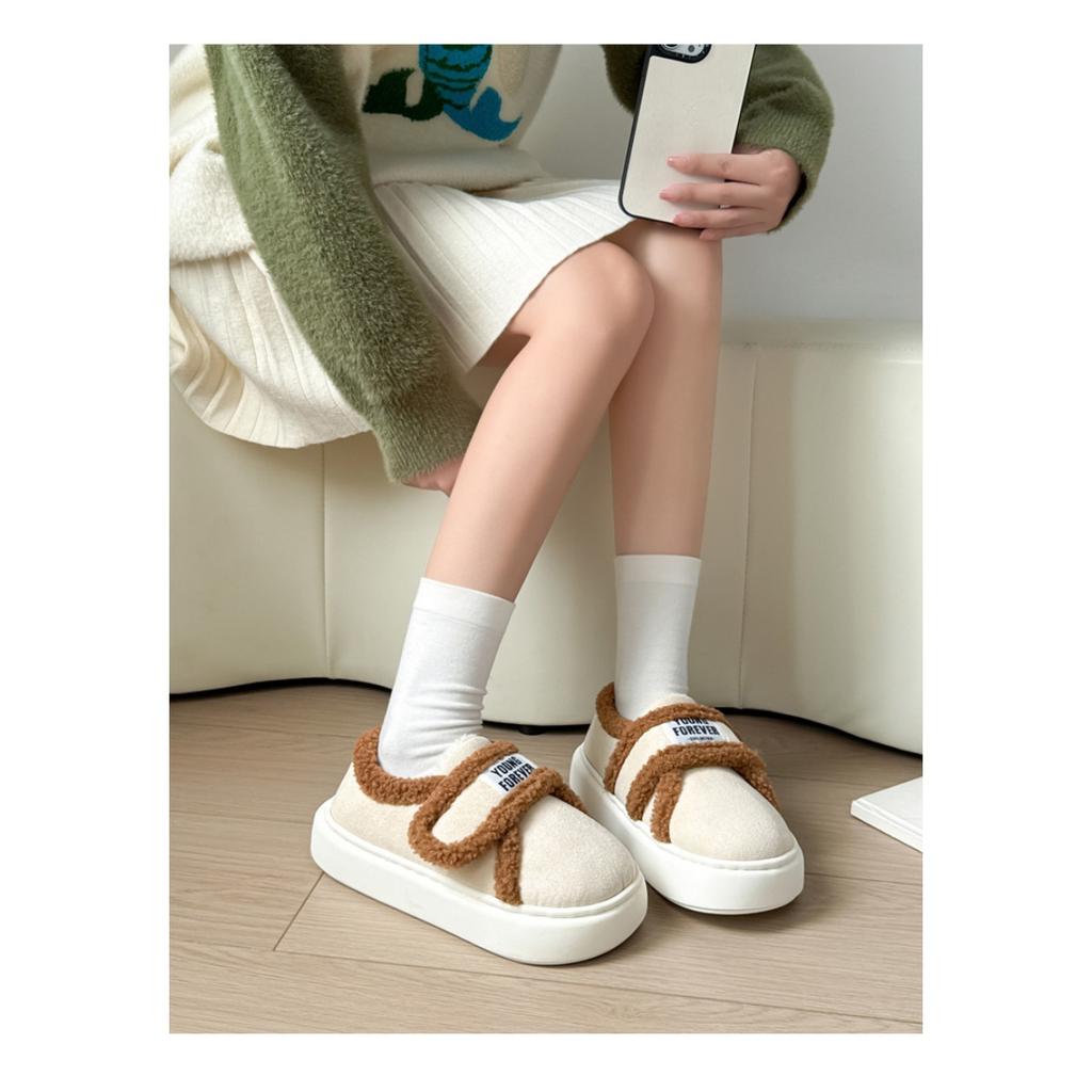Cotton Slippers for Women To Wear Outdoors In Winter, Indoor Home with Thick Soles and Plush Insulation Bag and Velcro Cotton Shoes
