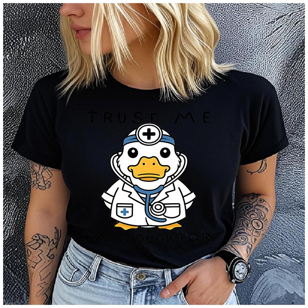 Unisex 100% Polyester Summer Top "Believe Me, I'm a Duck Doctor!" Print Loose round Neck Short Sleeve Fashion for Astrology Lovers