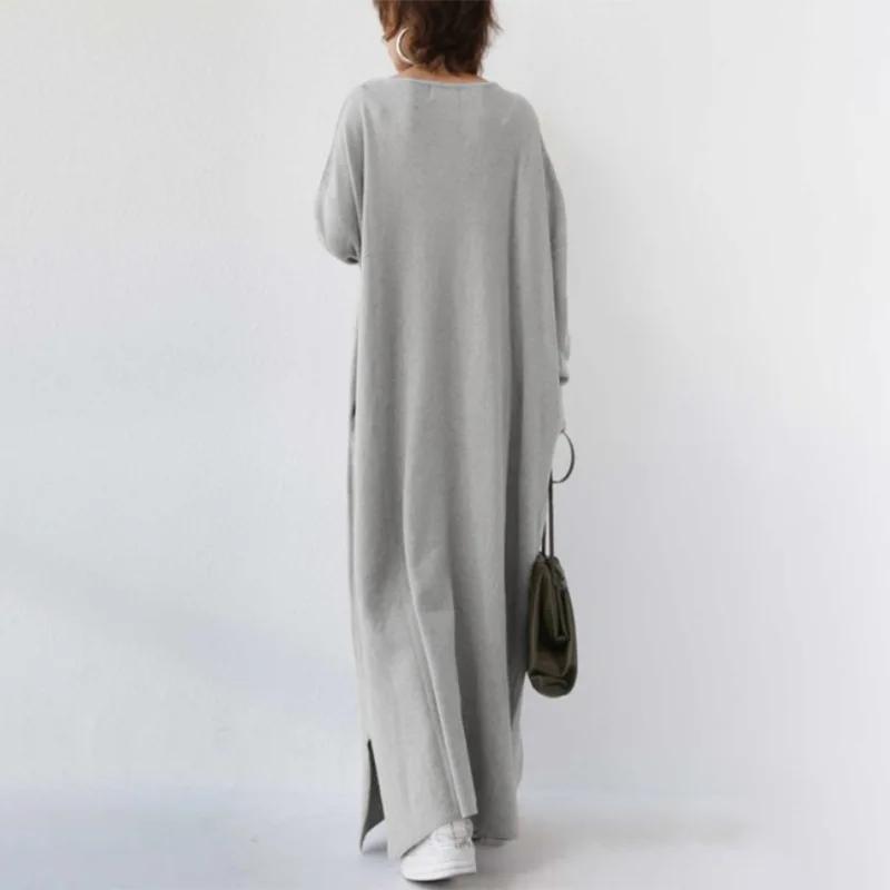 Fashionable Knitted Long Sleeve V-Neck Dress Casual Women's Maxi Dress Rabbit Fur Material Loose Waist Ankle-Length Skirt