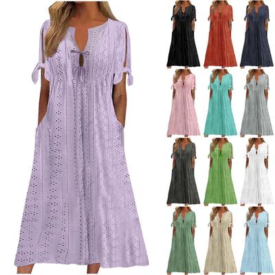 Women's Fashion Casual Solid Color V Neck Off Shoulder Short Sleeve Pocket Dress
