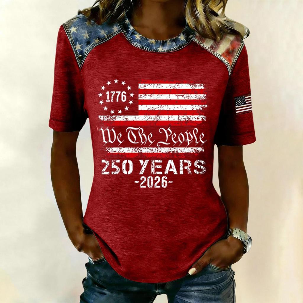 Women Casual Short Sleeve T Shirt Crew Neck Patriotic Letter Print Top Slim Fit Lightweight Tee for Everyday Wear