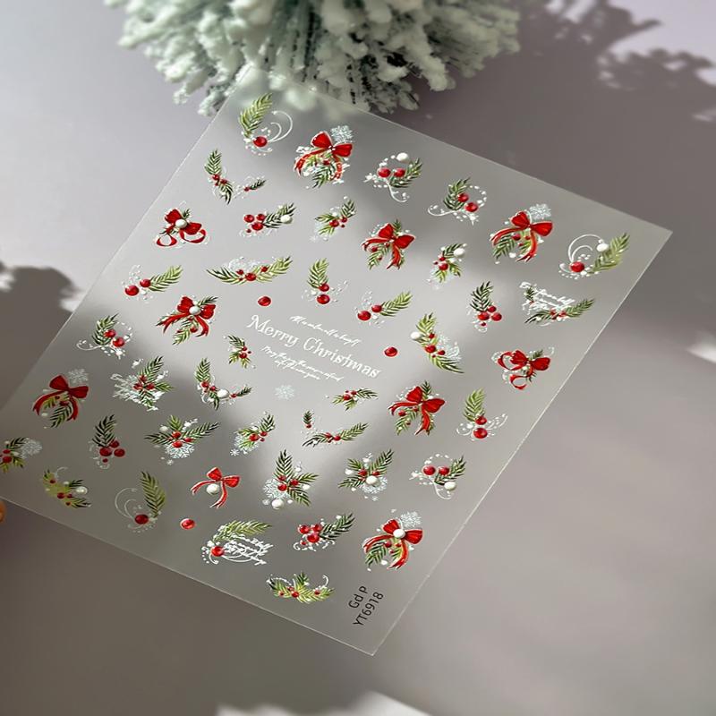 Vánoční nálepky na nehty Laserová sněhová vločka Reliéfní 3D vánoční strom Listy Kreslené Nositelné náplasti na nehty Manikúra Dekorace Kouzlo
