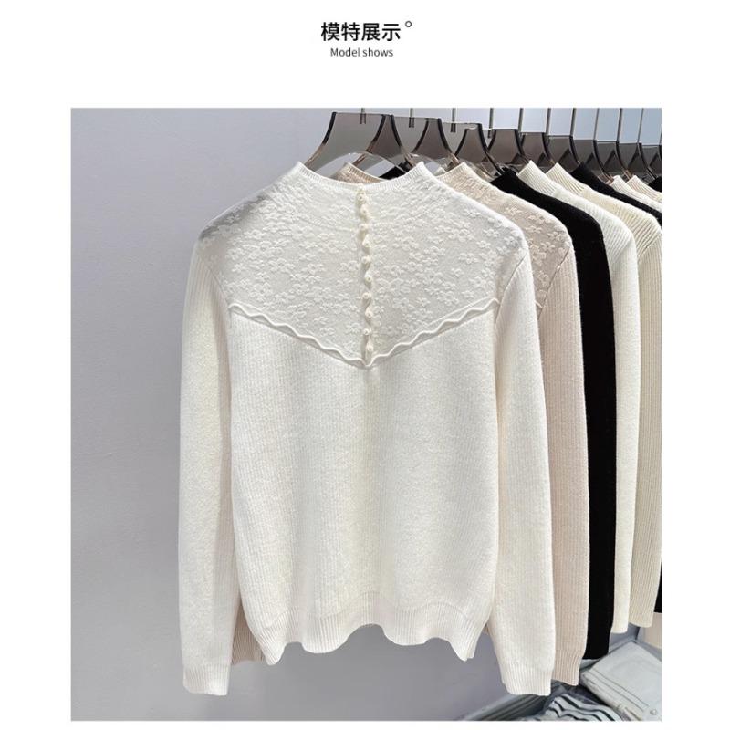 Autumn Winter Half High Collar Lace Patchwork Velvet Warm Sweater Women Elegant All-match Bottomed Knitting Top