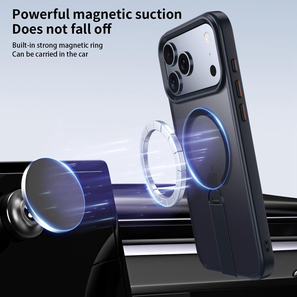 KEYSION 360 Hidden Metal Stand Magnetic Case for Magsafe for iPhone 17 Pro Max Air Transparent Matte Shockproof Phone Back Cover