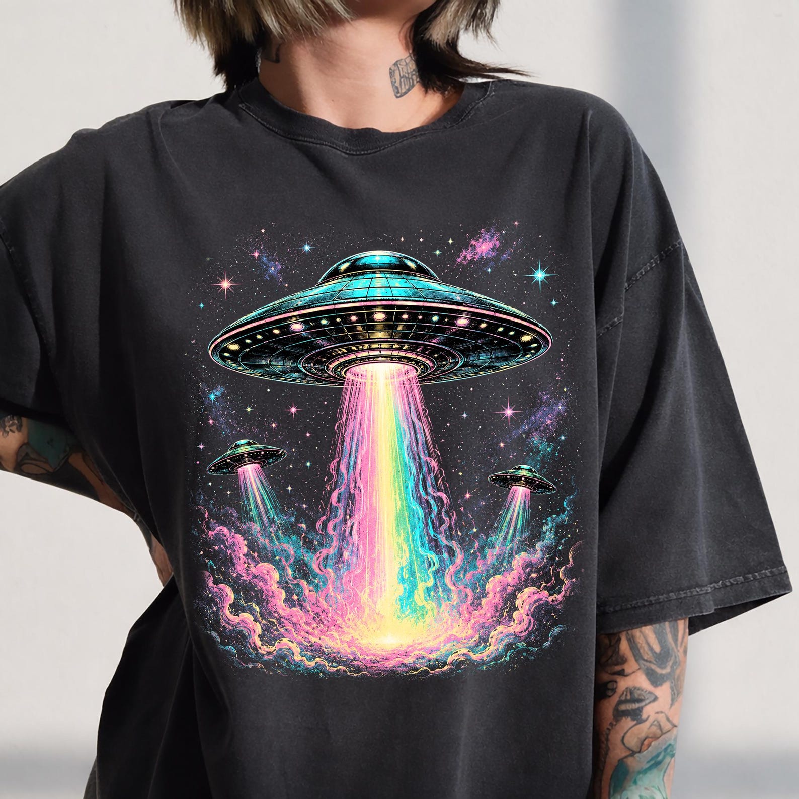 Alien Abduction Shirt, Trippy Space UFO Tee, Psychedelic Galaxy Graphic, Weirdcore Sci Fi Apparel, Cosmic Aesthetic Gift M