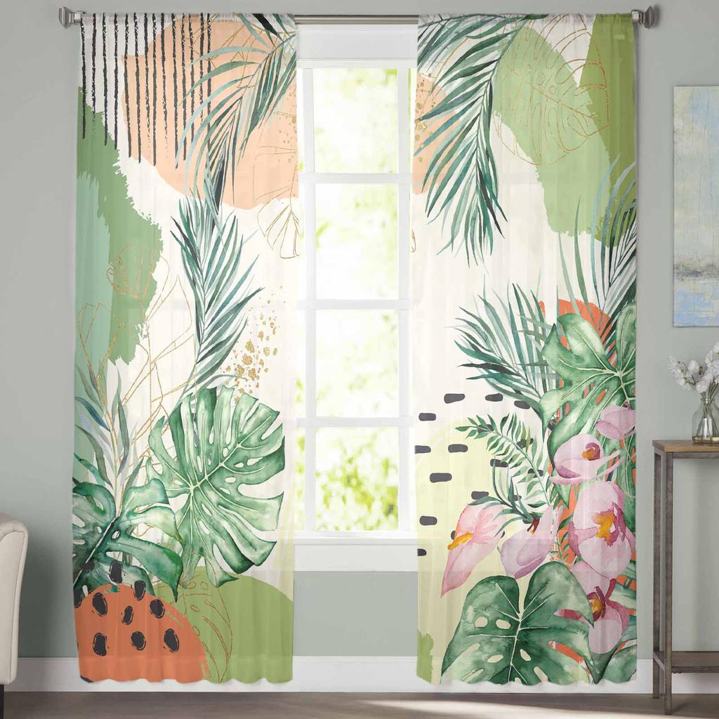 Summer Tropical Palm Leaf Watercolor Window Tulle Curtains for Living Room Bedroom Hotel Luxury Decoration Sheer Curtains
