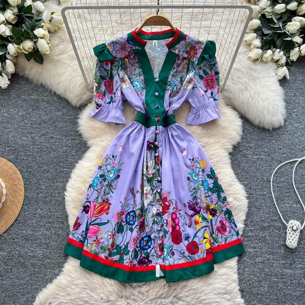 Vestidos de Pasarela Estampado Vintage de Verano para Mujer Cuello en V Mini Corto de Fiesta