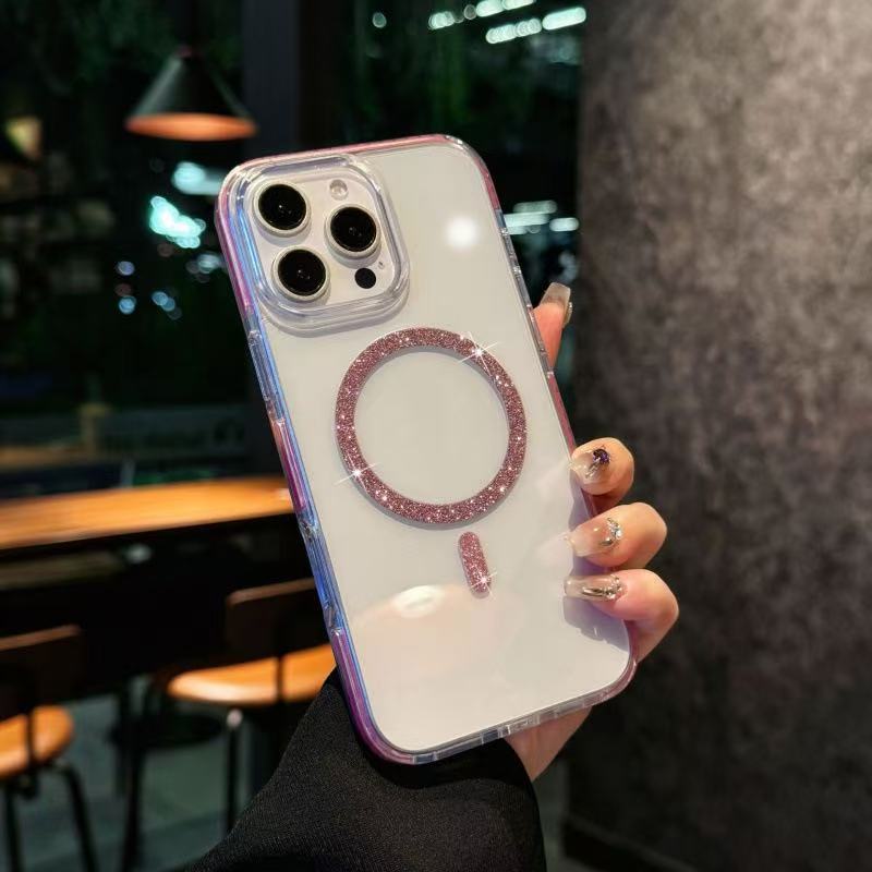 

Магнитный чехол для телефона подходит для Apple 16pro Прозрачный мигающий розовый круглый чехол для iPhone 15/14 Защита от падения Apple 16ProMax розовый