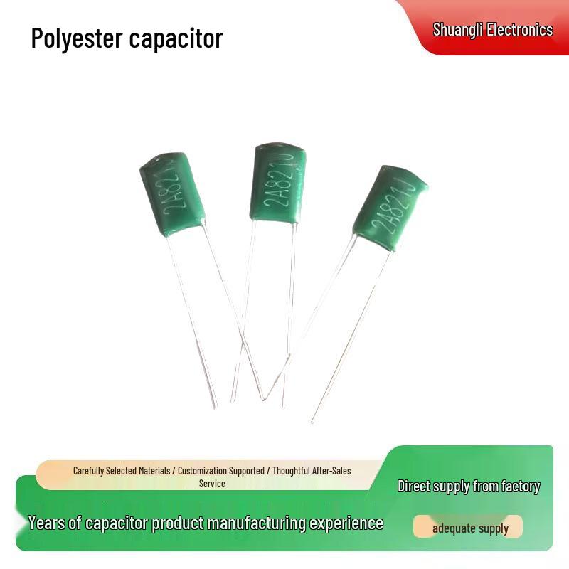Polyester Capacitor 2A821J: 820pF 100V CL11, Polypropylene Film, Cuttable Leads, Tape Packaged