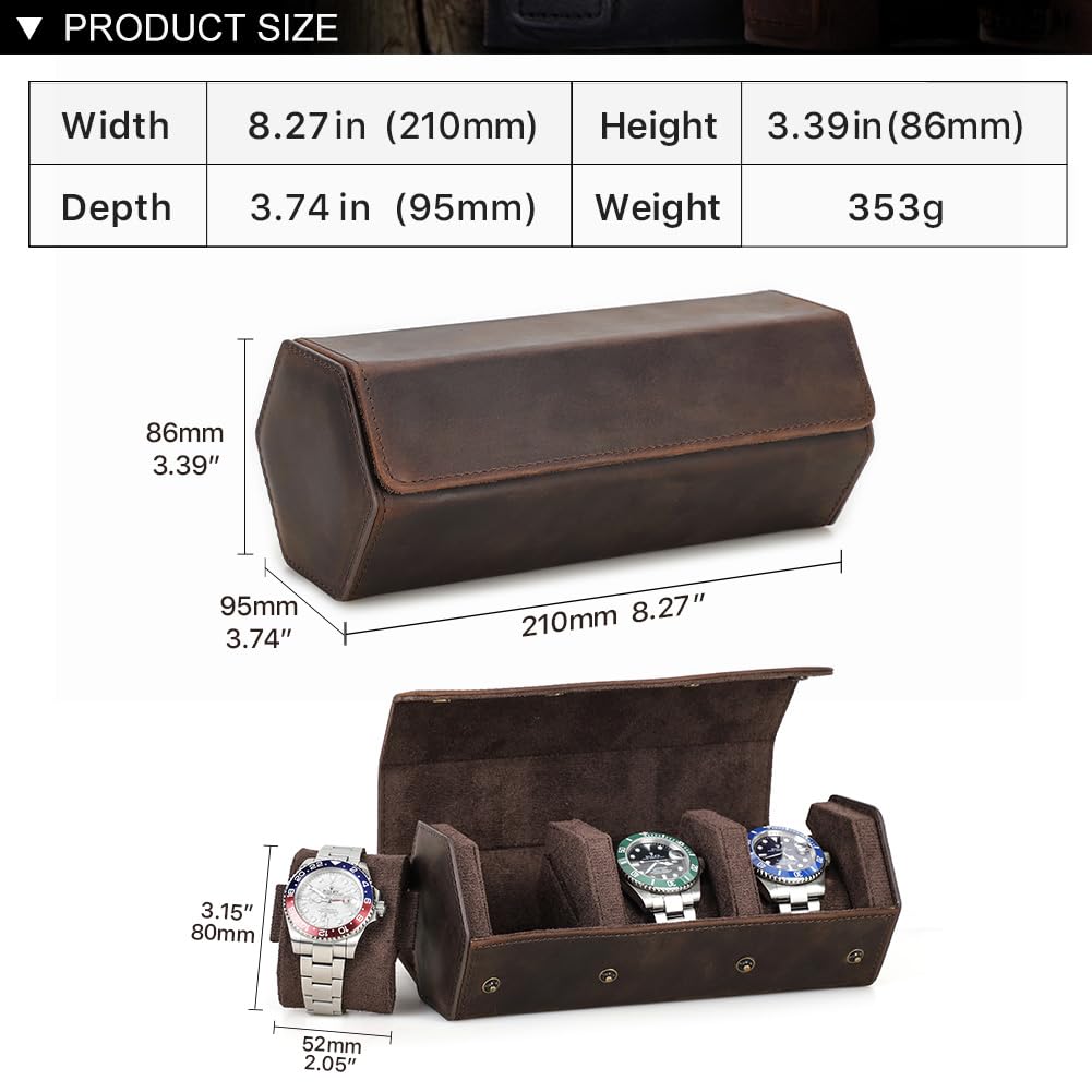 Hiram Hexagonal Genuine Leather Watch Watch Storage Waterproof and Shockproof Leather Watch Case for Travel and Storage 3-Watch Roll, Box,