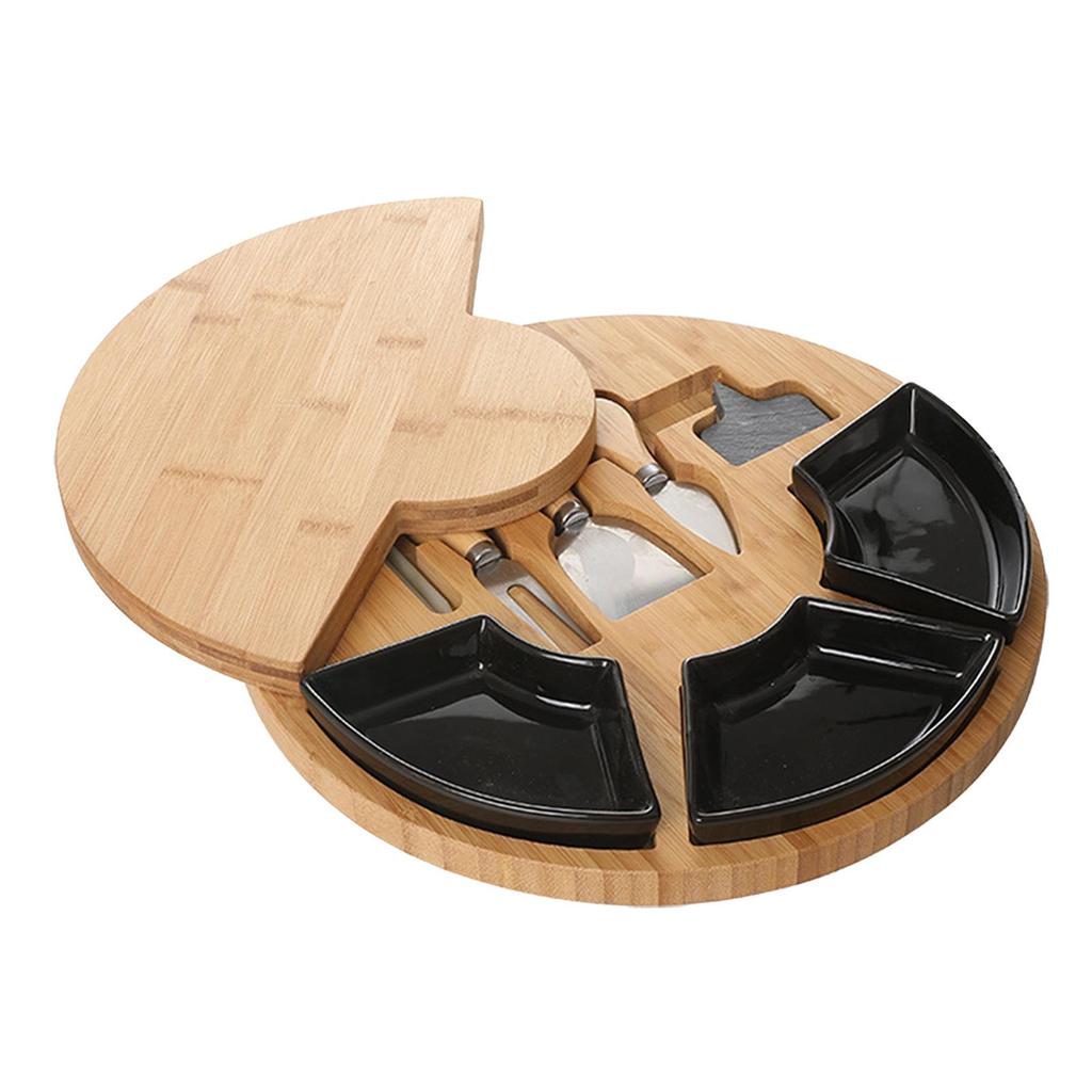 Bamboo Cheese Board Platter and Knife Set Serving Tray for Wine Server black