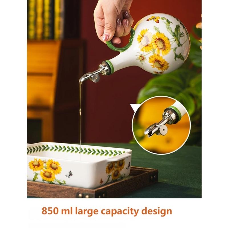 Ceramic Kitchen Oil Bottle with Easy Grip and Metal Pour Lid, Counter Dispenser for Everyday Home Cooking and Display
