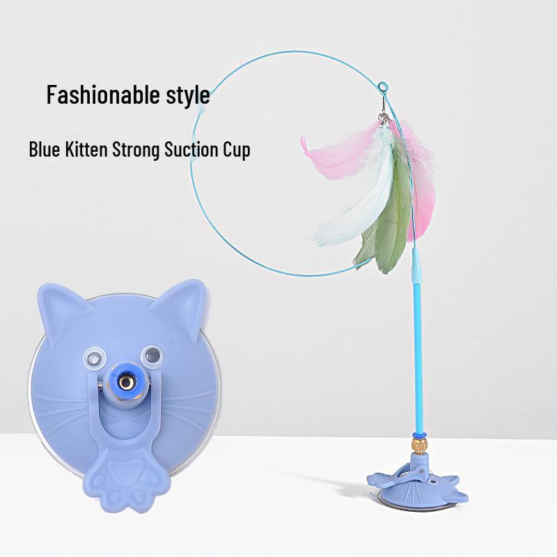 Durable Cat Teaser Wand with Suction Cup, Colorful Feathers, Bell, and Long Steel Wire Rod