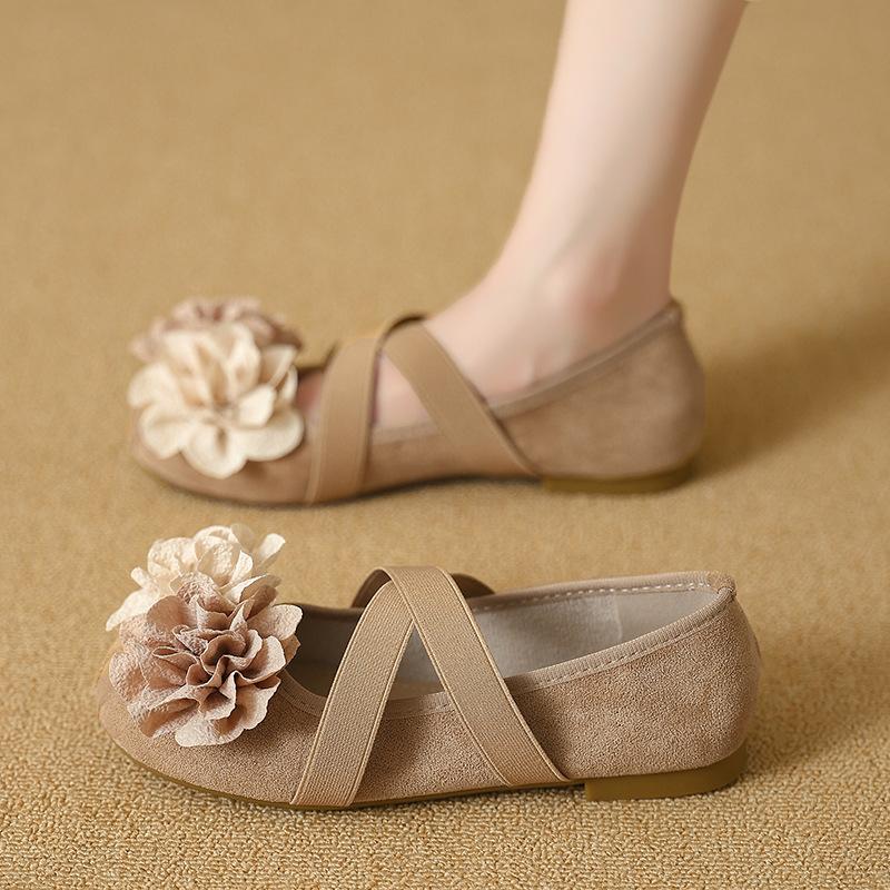 Faux leather French camellia flower Mary Jane single shoes women's 2025 new fashion versatile cross elastic flat shoes