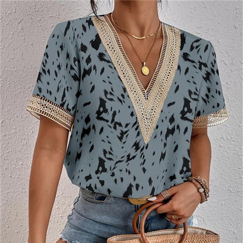 

Літні жіночі блузки та сорочки з короткими рукавами та V-подібним вирізом, мереживним топом вільного крою S темно-синього кольору