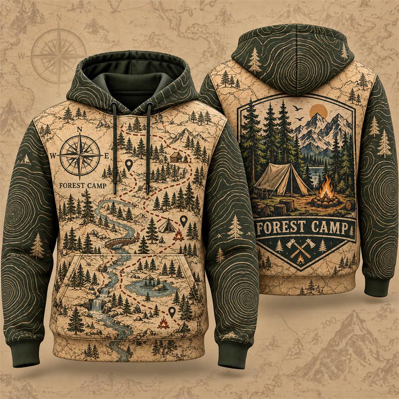 3D Print Vintage Wilderness Map Hoodie Women Retro Sweatshirt Outdoor Hiking Adventure Winter Casual Loose Unisex Daily Hoodies