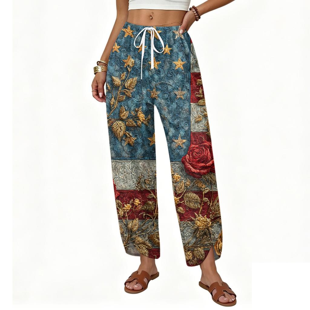 Pantalon imprimé large à cordon de serrage pour femme - Pantalon décontracté coupe droite ample pour un usage quotidien