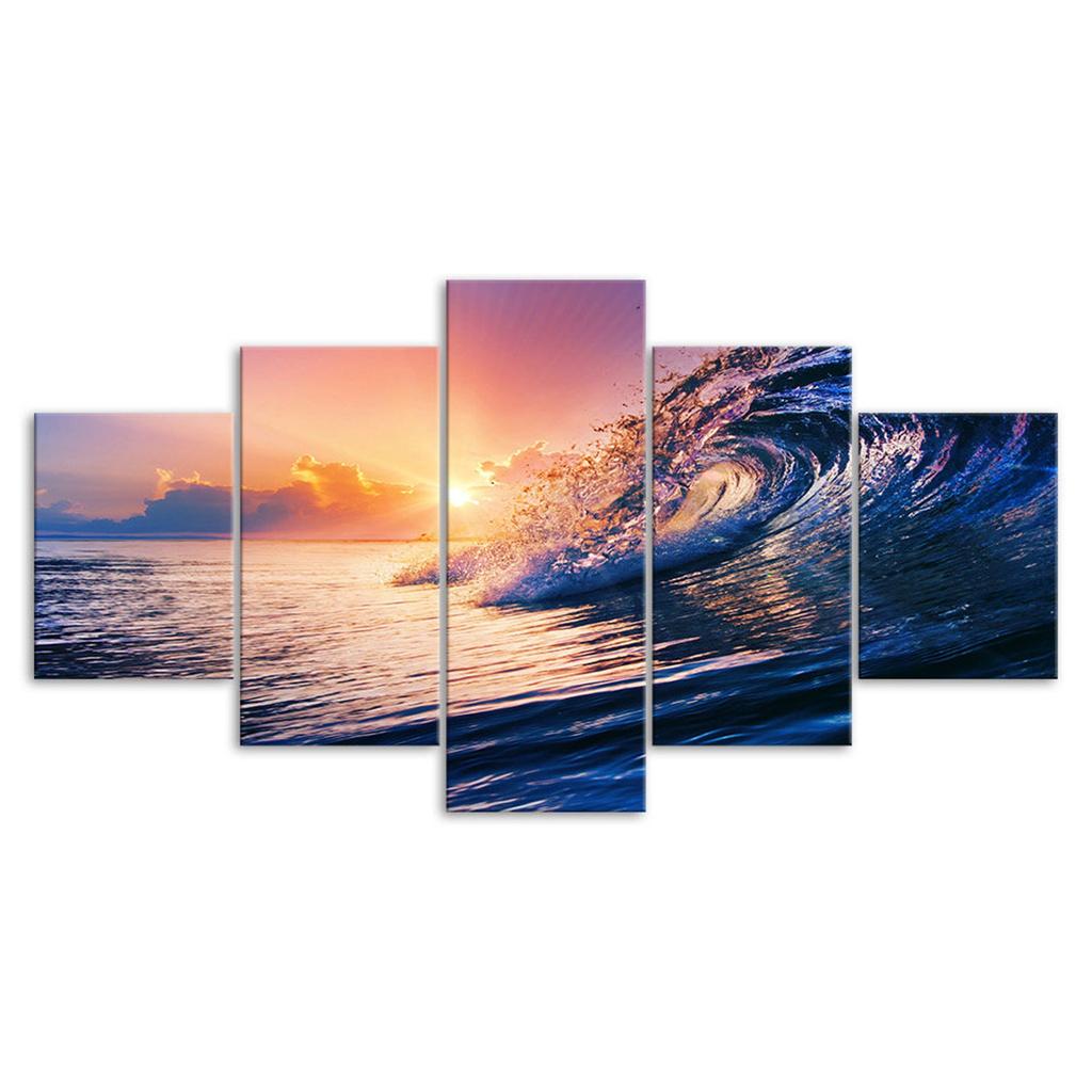 Surf Wave Seascape Beautiful Sunset Scene 5 Piece Five Panel Wall Canvas Print Modern Art Poster Picture Home Decor Gift For Him For Her