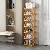 Multi-Tier No-Assembly Shoe Rack Foldable Narrow Bamboo Shoe Shelf Space-Saving Corner Shoe Organizer for Entryway Closet Dorm
