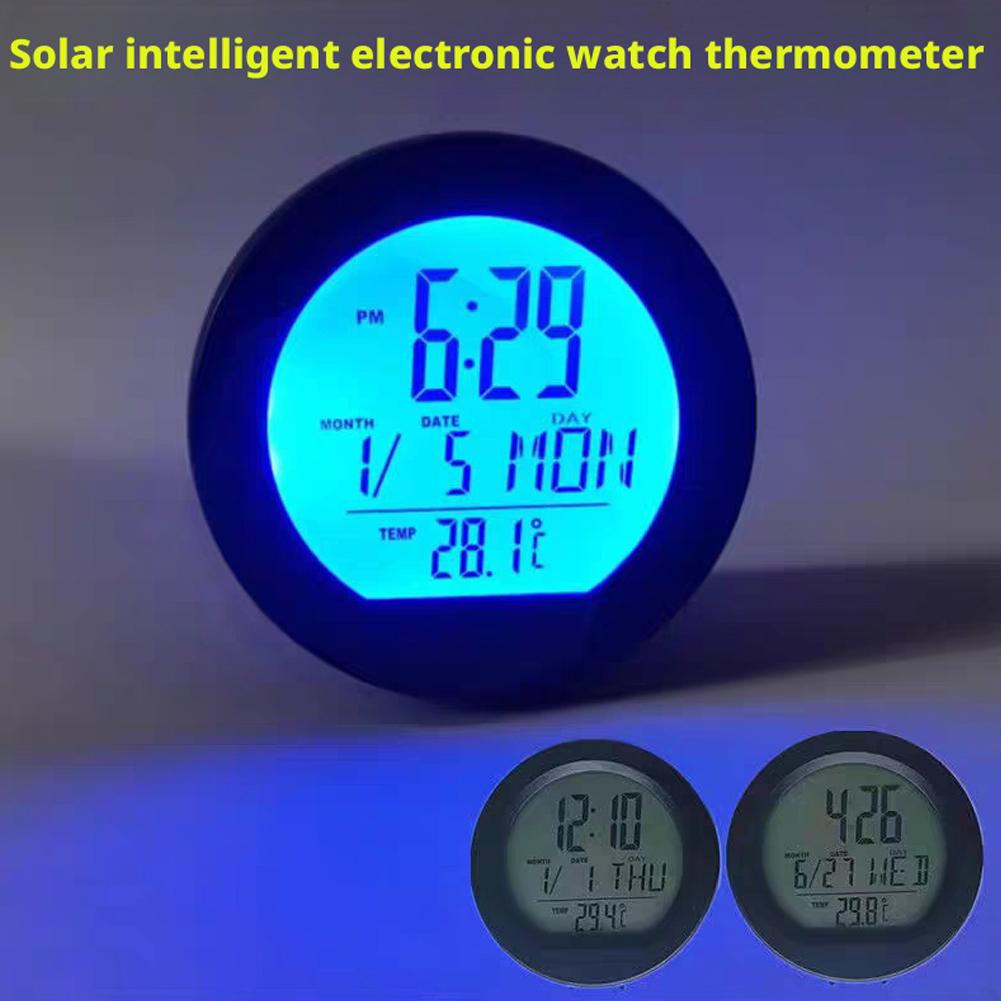 Solar Car Digital Clock Date Thermometer Lcd Luminous Display For Dashboard Clock Car Interior Adhesive Interior Accessories