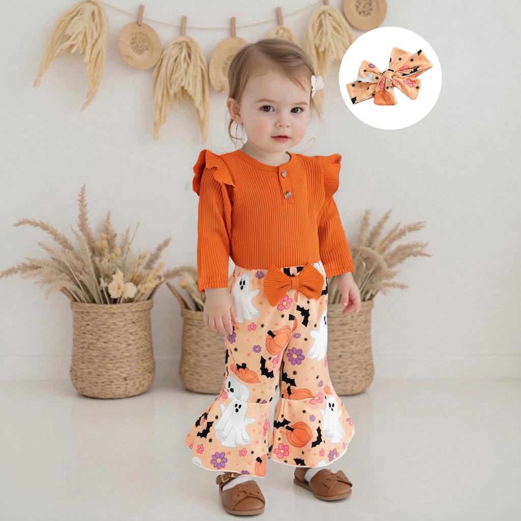 Baby Girl Halloween Flutter Sleeve Romper with Ghost/Pumpkin Pants & Headband - 3 Piece Set