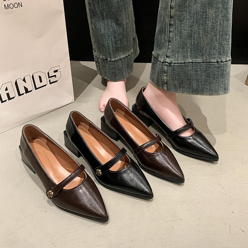 Niche Commuter Thick Heel Brown Pointed Mary Jane Single Shoes Women's Shoes 2025 Spring Summer Evening French Commuter Leather Shoes