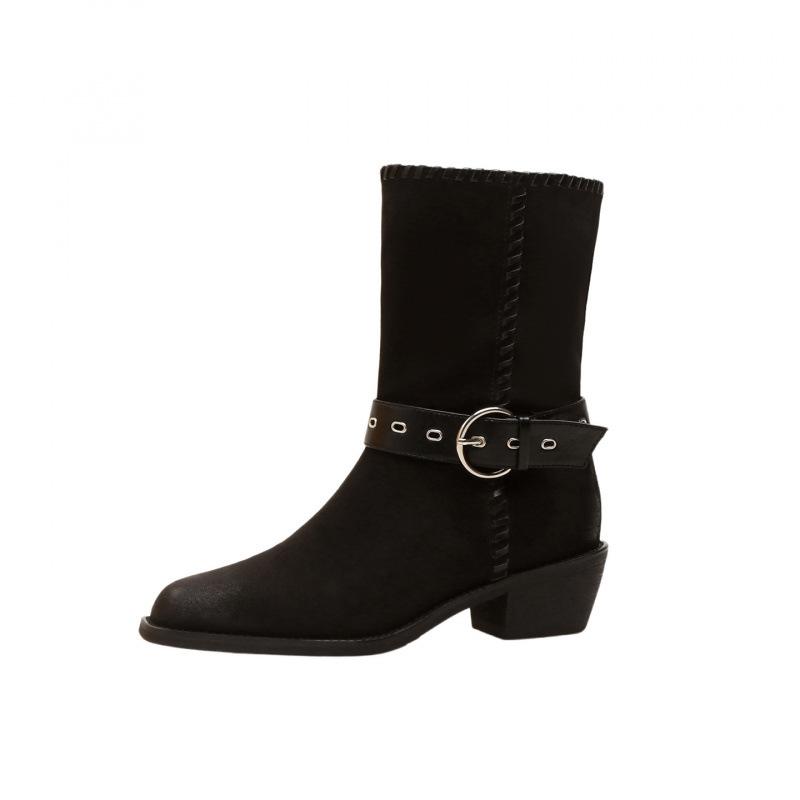 Cowhide~ Genuine leather retro square-headed Martin boots women's high-heeled locomotive boots temperament folded thick-heeled western cowboy boots