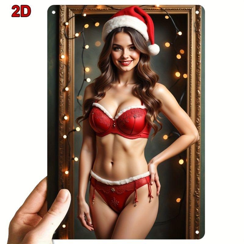Noel Pin-Up Kızları Metal Tabela, Ofis Hediyesi Duvar Dekoru 20x30cm