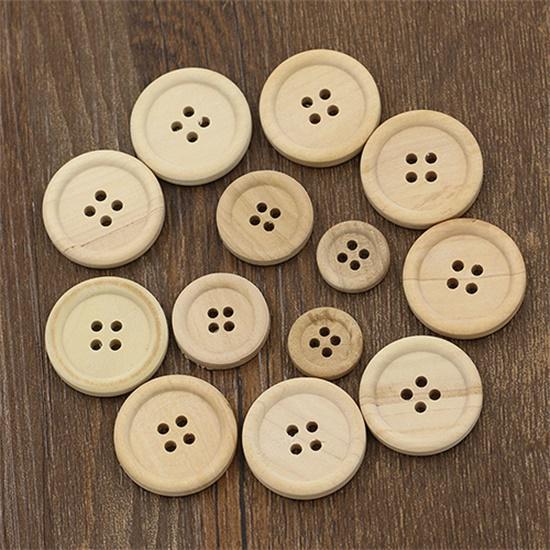 50Pcs Wooden Buttons Natural Color Round 4-Holes Sewing Scrapbooking