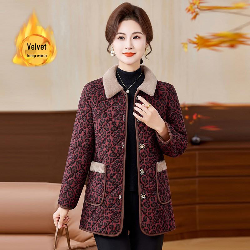 

Стильное зимнее хлопковое пальто для женщин среднего и пожилого возраста - Теплая куртка на толстой подкладке из бархата с отложным воротником 3XL (125-135 jin) леопардовый/красный