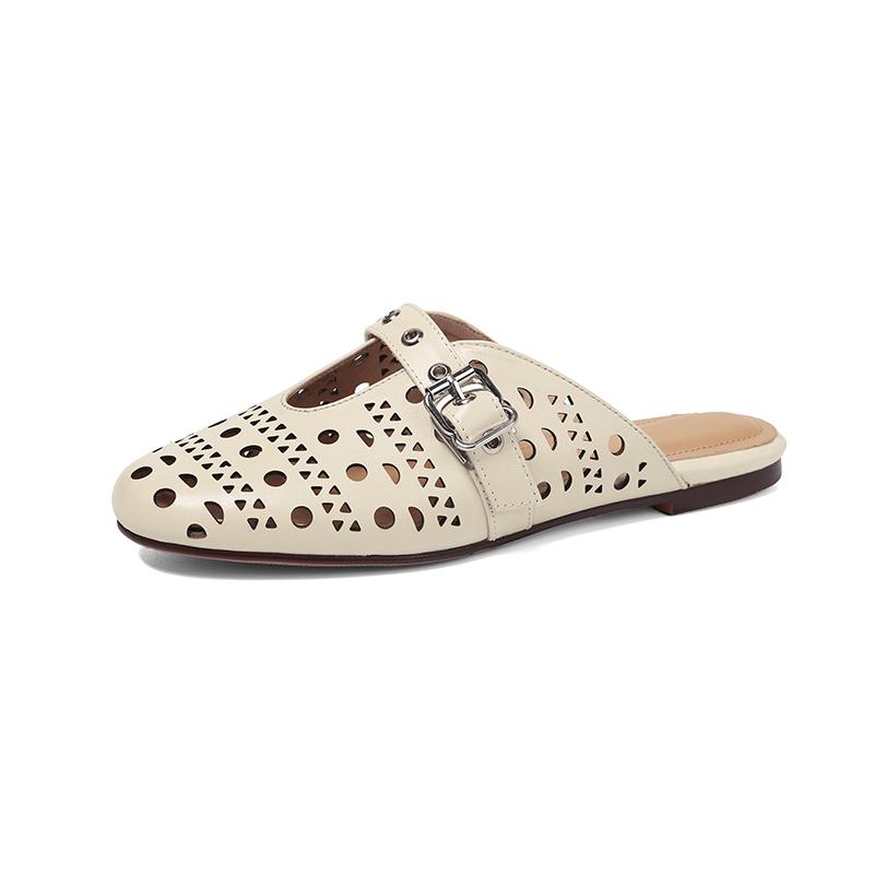 Fashion New women's cowhide round toe breathable belt buckle, low heel, large toe, Mueller slippers, perforated shoes 44 45 46 47 48