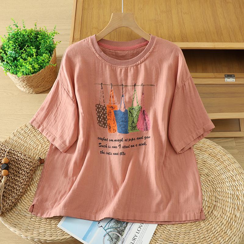 DIMANAF 2026 Plus Size Summer Women Blouse Shirts Tunic Oversize Loose Casual Cotton Linen Print Lady Tops