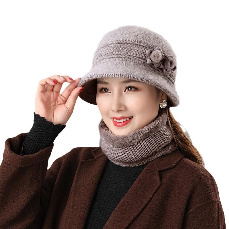 Warm Rabbit Fur Hat for Middle Aged and Elderly Mothers Autumn and Winter Women's Scarf Two Piece Set Old Lady's Winter Basin Hat