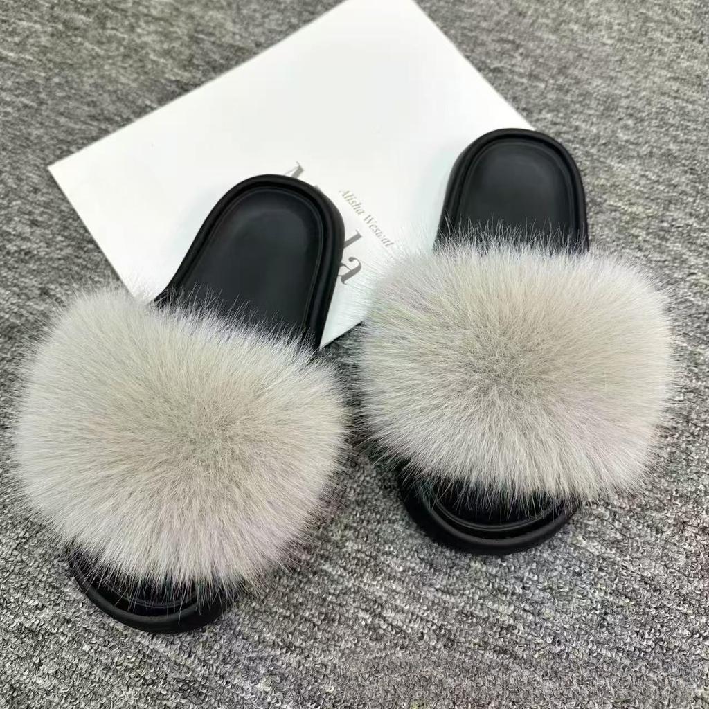 Women'S Faux Fox Fur Slippers Large Summer Open-Toe Fluffy Casual Anti-Slip Sandals Fluffy Black Slide Fur Slider