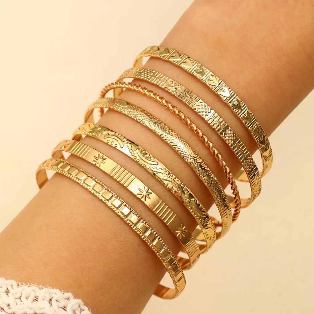 7Pcs Stainless Steel Gold Color Open Bangles For Women Vintage Design Geometric Star Heart Twist Bracelets Party Wedding Jewelry
