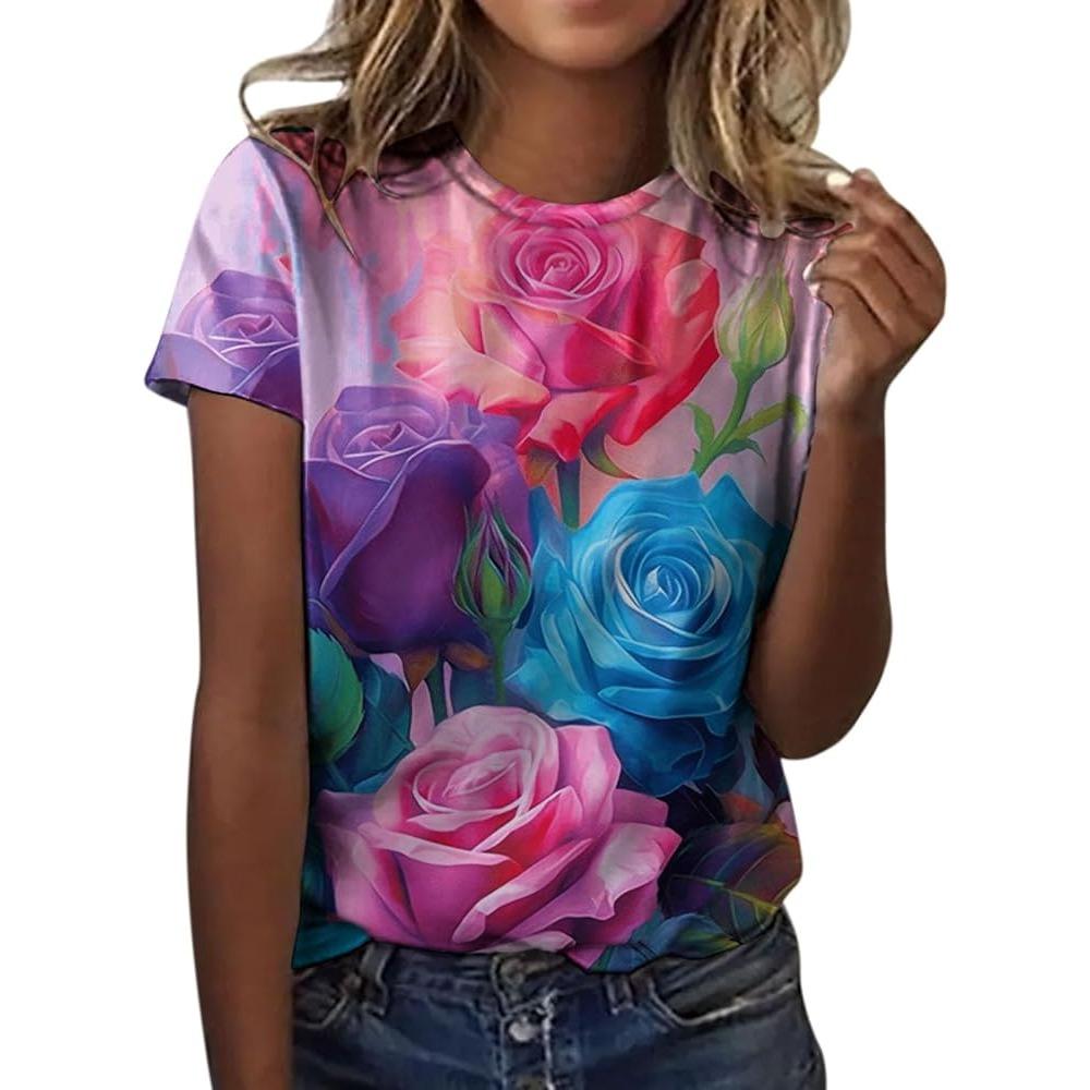 2026 New Summer Retro 3D Flower Rose Printed T-shirt for Women Flower Pattern T-shirt for Girls Fashion Short Sleeve T-shirt