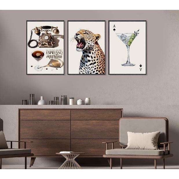 Leopard Set of 3 Canvas Wall Art Trendy Cheetah Wall Decor Painting Pictures Espresso Martini Posters Prints Preppy Aesthetic Artwork for Women