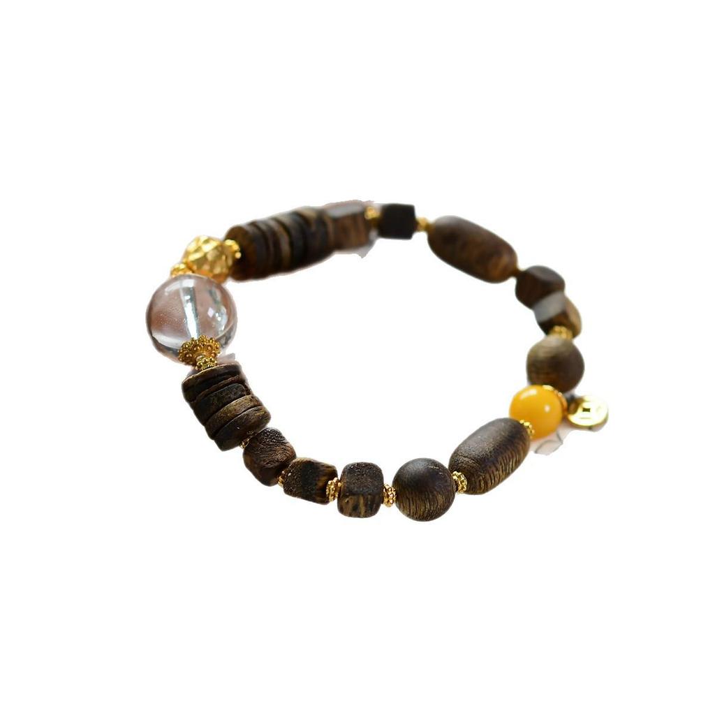 Yingge Qi Nan Agarwood Bracelet with Amber and 925 Silver Spacer (No Artificial Oil Injection)