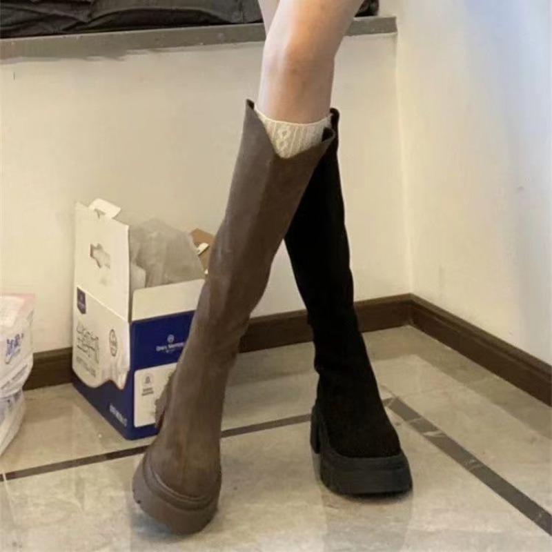 Thick-soled boots Skinny boots New autumn and winter boots Women's widened large tube circumference heightened elastic boots