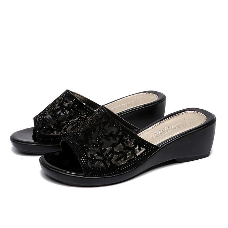 Klasické dámské pantofle na klínku Domácí pohodlné dámské sandály s otevřenou špičkou Letní krajkové pantofle Čtyři roční období Velká velikost 41