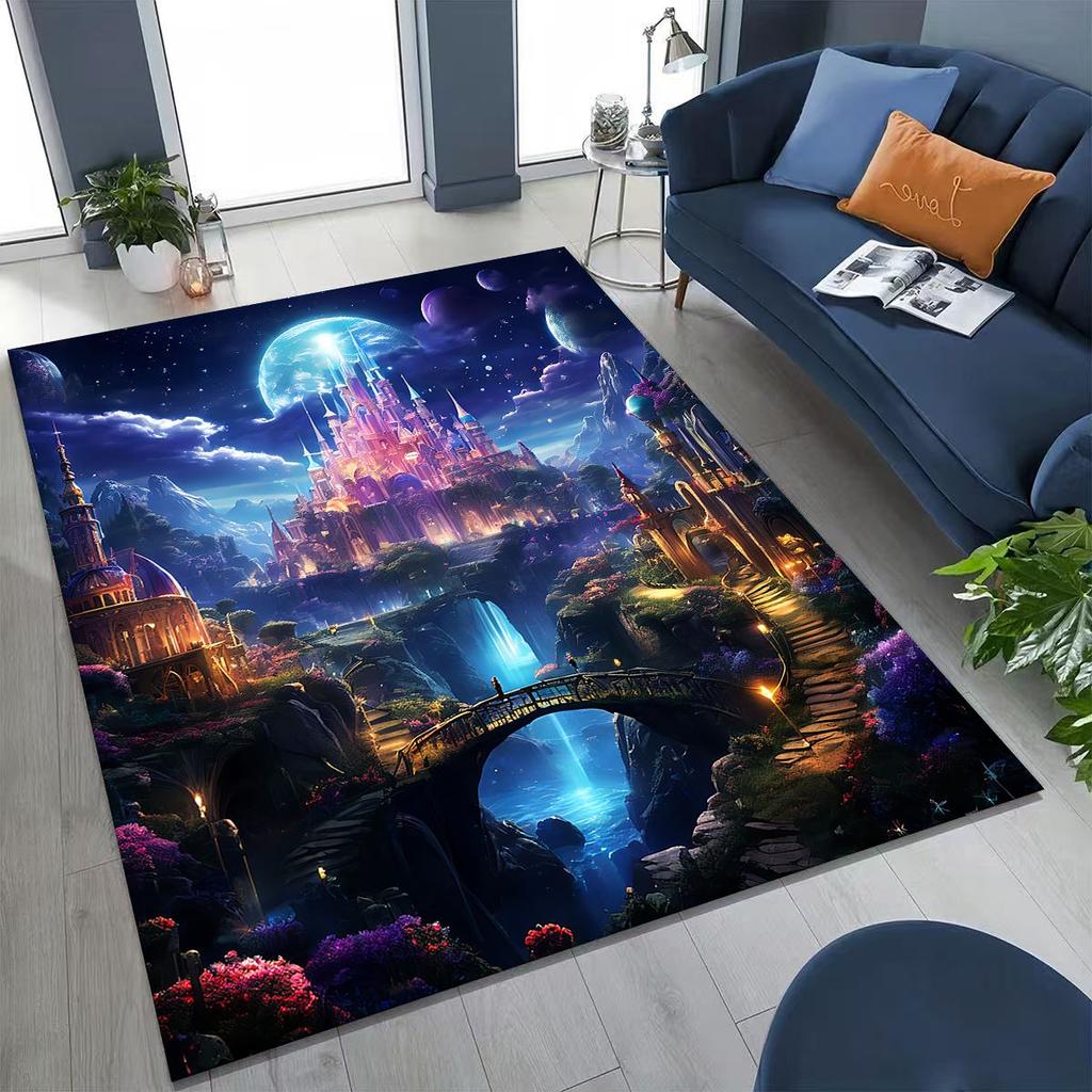 Enchanted Fairytale Princess Castle Gothic Castle Cartoon Rug for Bedroom Living Room Sofa Home Doormat Decor, Kids Non-slip Mat