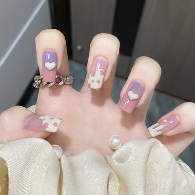 Diamond Love Indossare Unghie Graduali Cambiamento Sfumature Corte Balletto Mucca Modello Nail Art Pezzo Unghie Rimovibili Finite