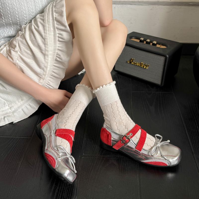 Fashion Designer Silvery Butterfly-knot Women Flats Shoes Square Toe Eelgant Soft Sole Mary Jane Shoes