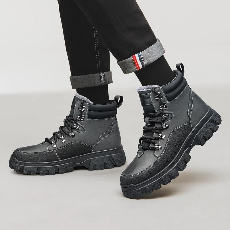 Men Casual Luxury Boots Winter Short Plush High Top Genuine Leather Outdoor Oxford Shoe Casual Cow Tendon Bottom Work Short Boot